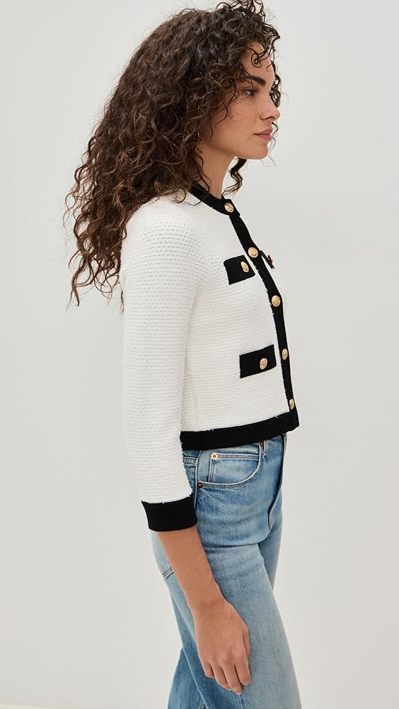 【新品】alice+oliviaカーディガン レース ホワイト×ブラック 美品 alice+olivia レースニットカーディガン 生成り XS*BD65